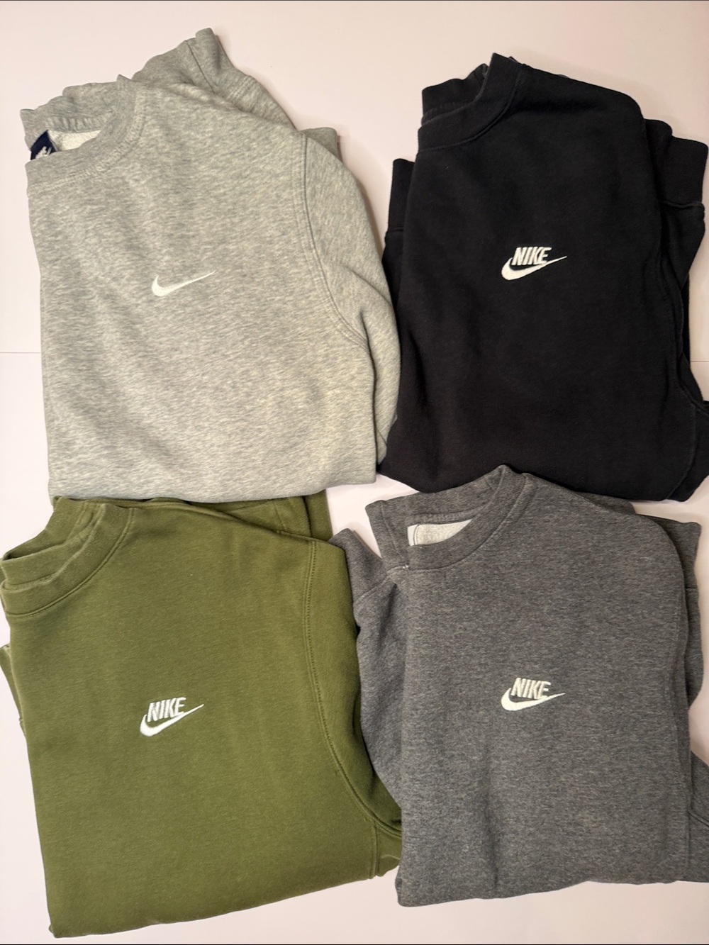 Nike Men’s Crewneck Sweatshirts — Light Gray, Black, Olive, Charcoal